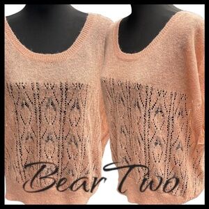 BearTwo Peach/Metallic Scoop Neck Drop Shoulder Lace Fine Knit Sweater (S)